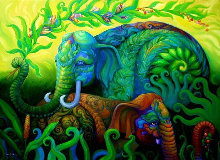 Разноцветные слоны Kris Surajaroenjai  3 - картина, живопись, слоны, животные - оригинал