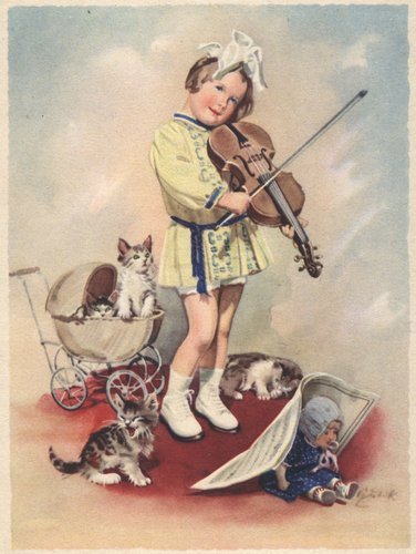 ретро дети - дети, ребенок, скрипка, кошка, ретро, девочка, кукла, скрипачка, котята - оригинал