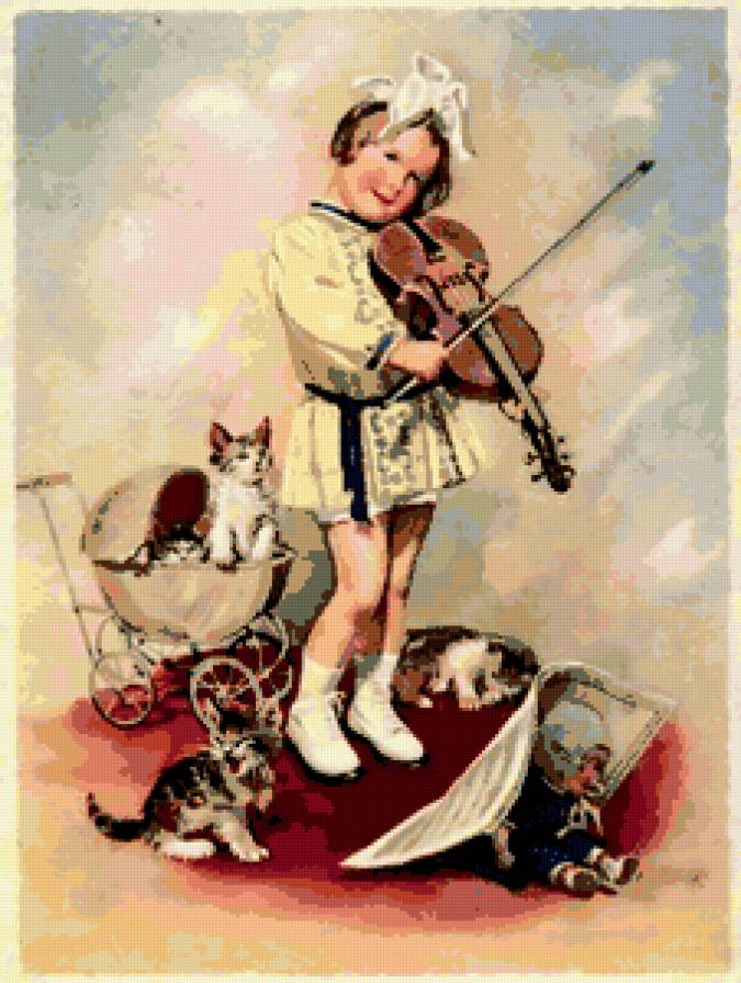 ретро дети - кошка, девочка, скрипачка, скрипка, дети, кукла, ребенок, ретро, котята - предпросмотр