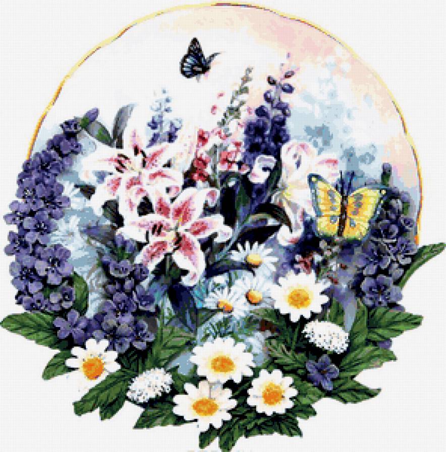 Цветочное панно - цветы, ромашки, лилии, дельфиниум, бабочки, панно - предпросмотр