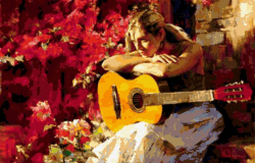 девушка - она, образ, женщина, гитара, девушка, цветы - предпросмотр
