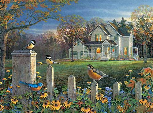 летний пейзаж - дом, природа, лето, цветы, птицы - оригинал