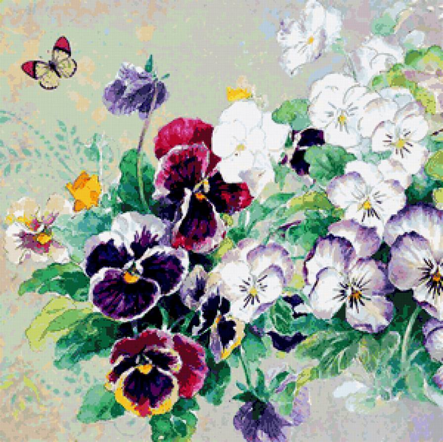 Цветочное панно - бабочки, анютки, цветы, анютины глазки, цветы и бабочки, лето - предпросмотр
