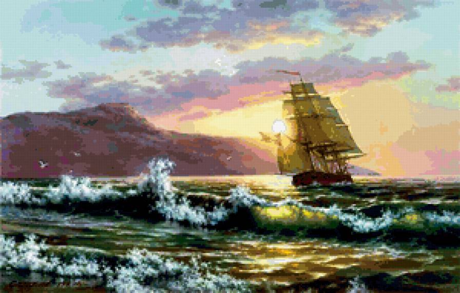 Парусник - закат, корабль, скала, пляж, океан, волна, море, парусник - предпросмотр