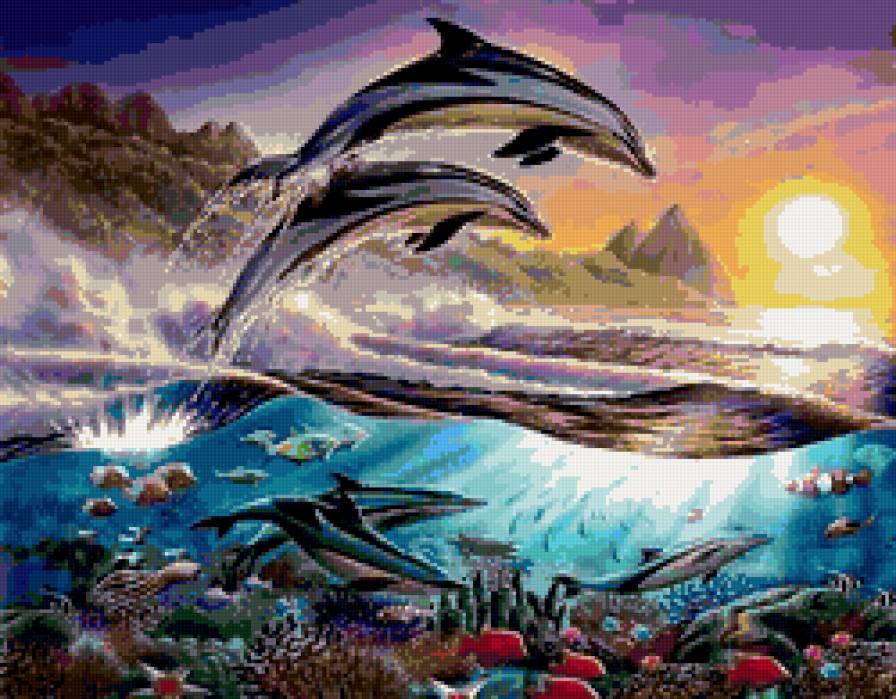 дельфины - природа, дельфин, солнце, горы, море, подводный мир - предпросмотр