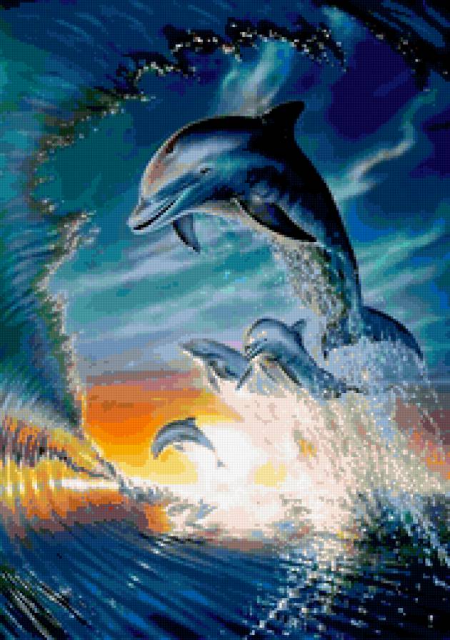 дельфины - природа, дельфин, подводный мир, море, волна, солнце - предпросмотр