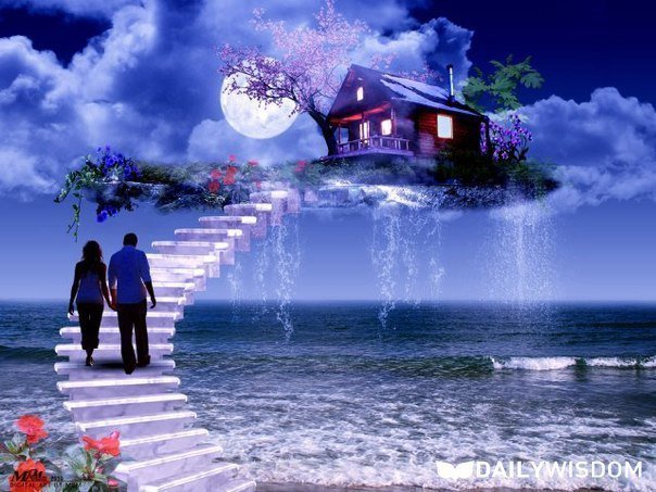 дом - луна, дерево, дом, море, цветы, лестница, природа, , небо, вид - оригинал