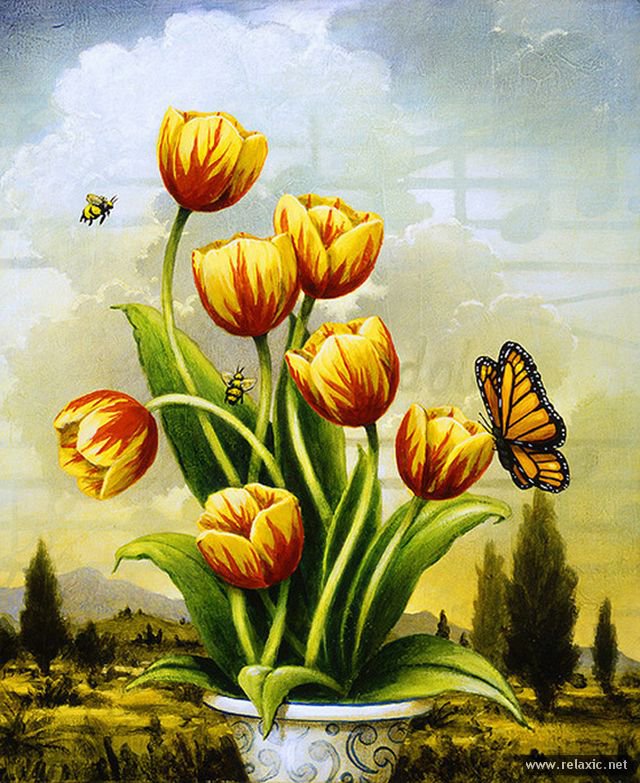 №378596 - природа, цветы .тюльпаны, бабочка - оригинал