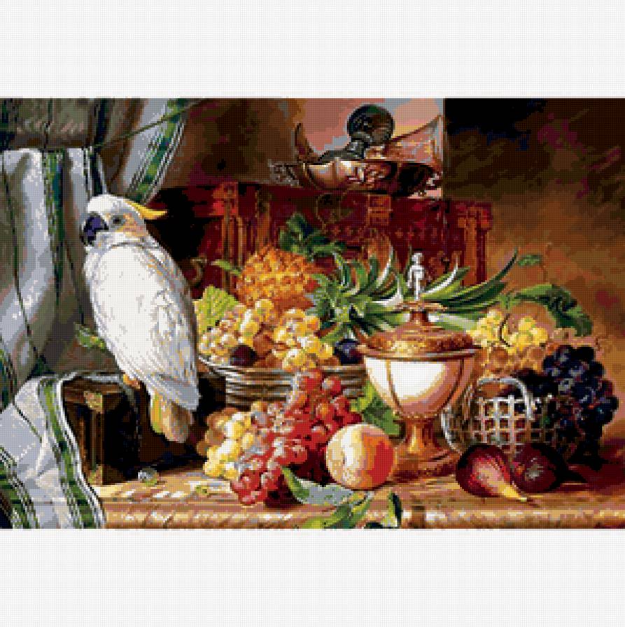 Живопись - картина, живоись, попугай, фрукты, птица - предпросмотр