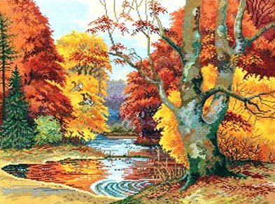 Осенний пейзаж - деревья, осень, озеро, пейзаж, лес, искусство, природа - оригинал