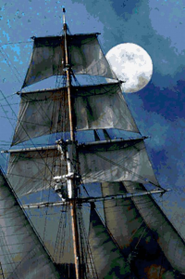 Парусник и луна - парусник, корабль, море - предпросмотр