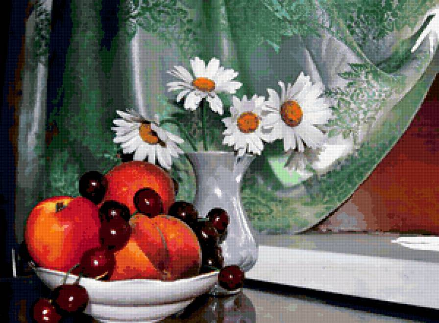№381946 - ягоды, натюрморт, ромашки, букет, фрукты, цветы - предпросмотр