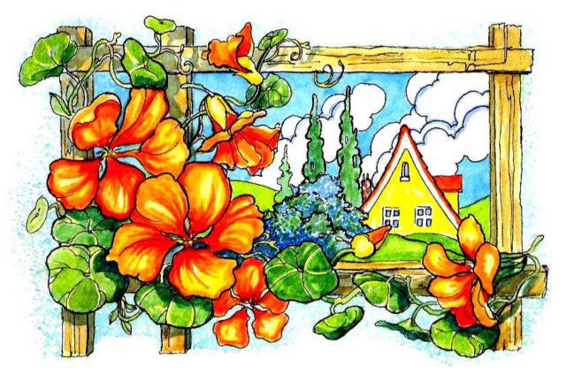 домик в саду - настурция, цветы, домик, пейзаж, природа, сад - оригинал