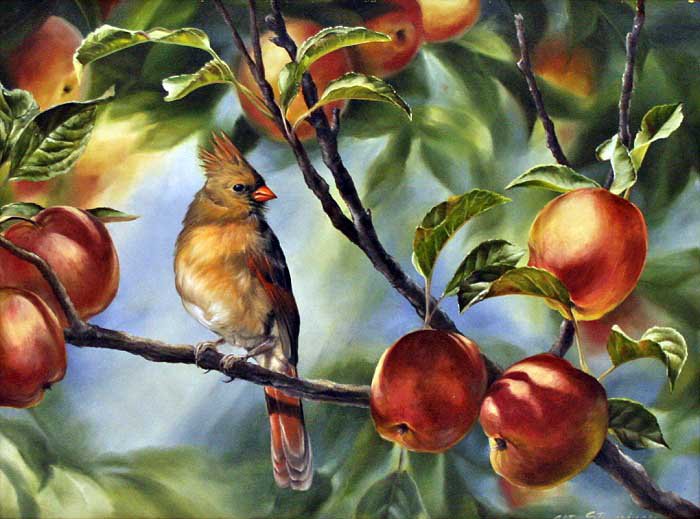 птица на яблоне - оригинал