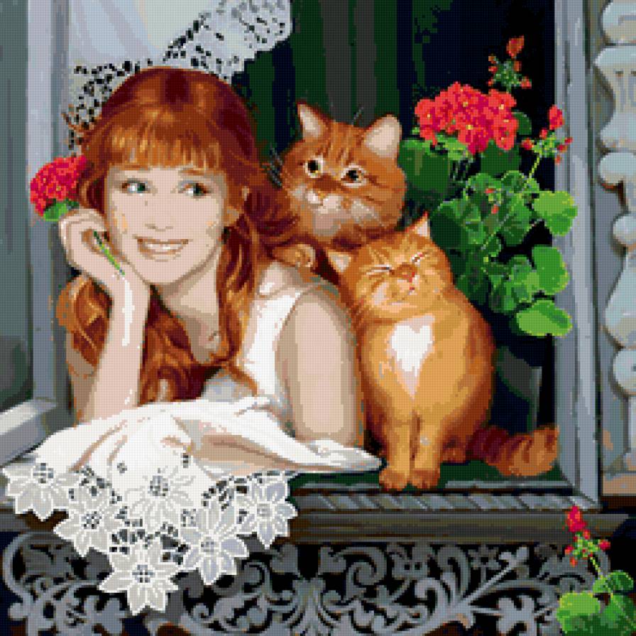 кошки на окошке - зверь, цветок, кошка, окно, кот, девушка, уют, кошки, хищник - предпросмотр