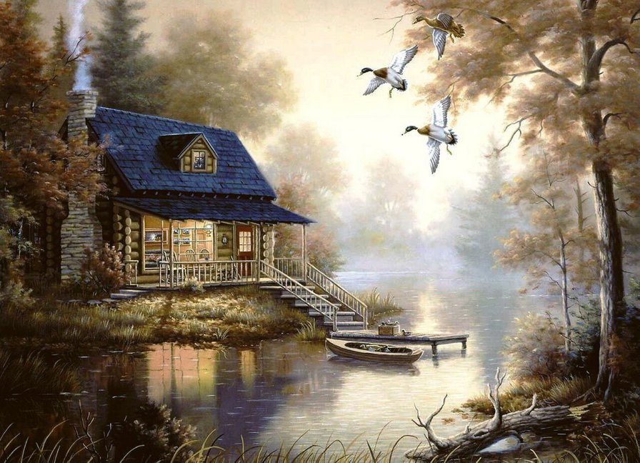 домик у озера - дом, вода, озеро, утки, лодка, природа - оригинал