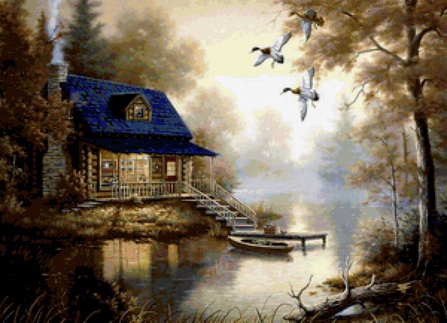 домик у озера - природа, вода, лодка, дом, озеро, утки - предпросмотр