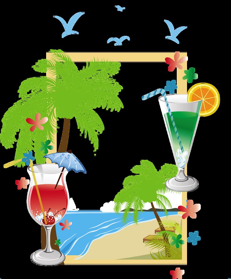 пляжный сезон - пальмы, напитки, пейзаж, коктейли, пляж, берег, море - оригинал
