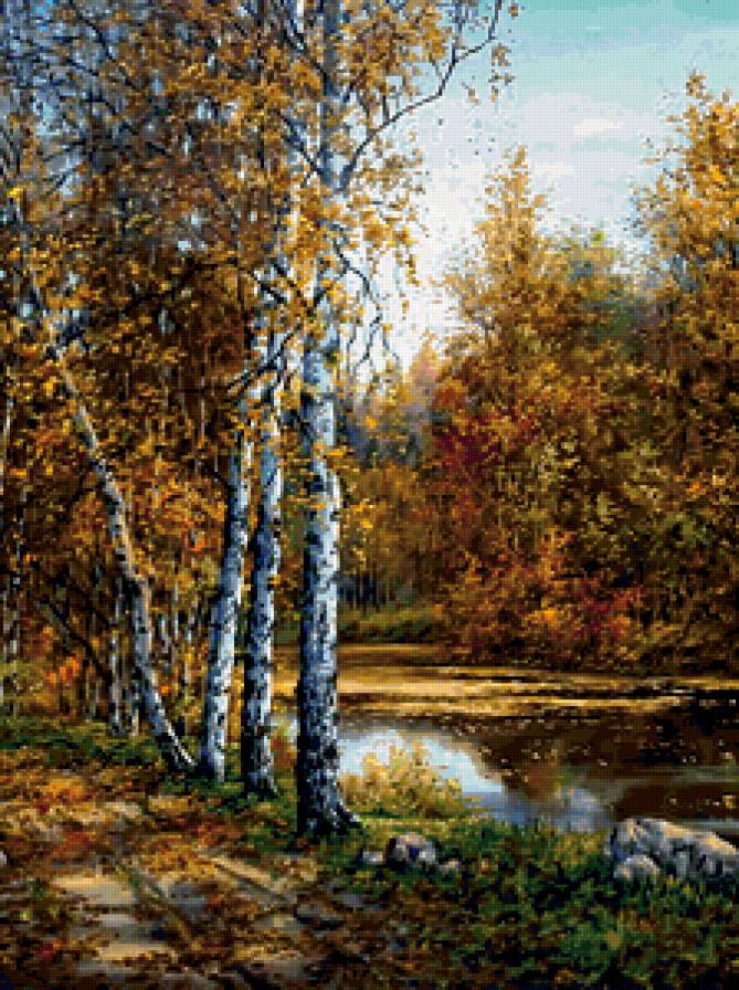 картина - речка, пейзаж, осень, природа - предпросмотр