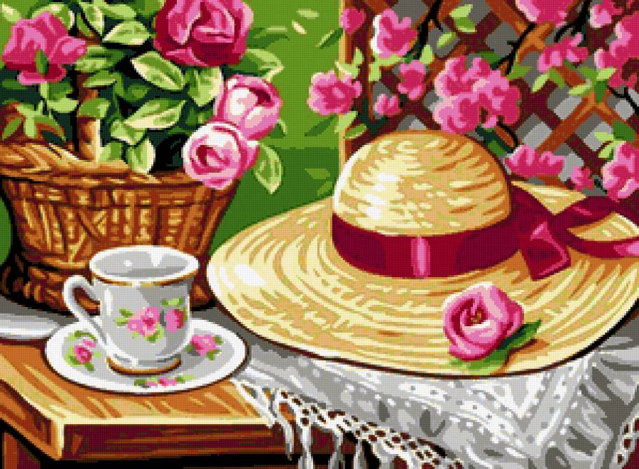 Летнее утро - лето, розы, цветы, утро, чашка, посуда, розочки, роза, шляпка - предпросмотр