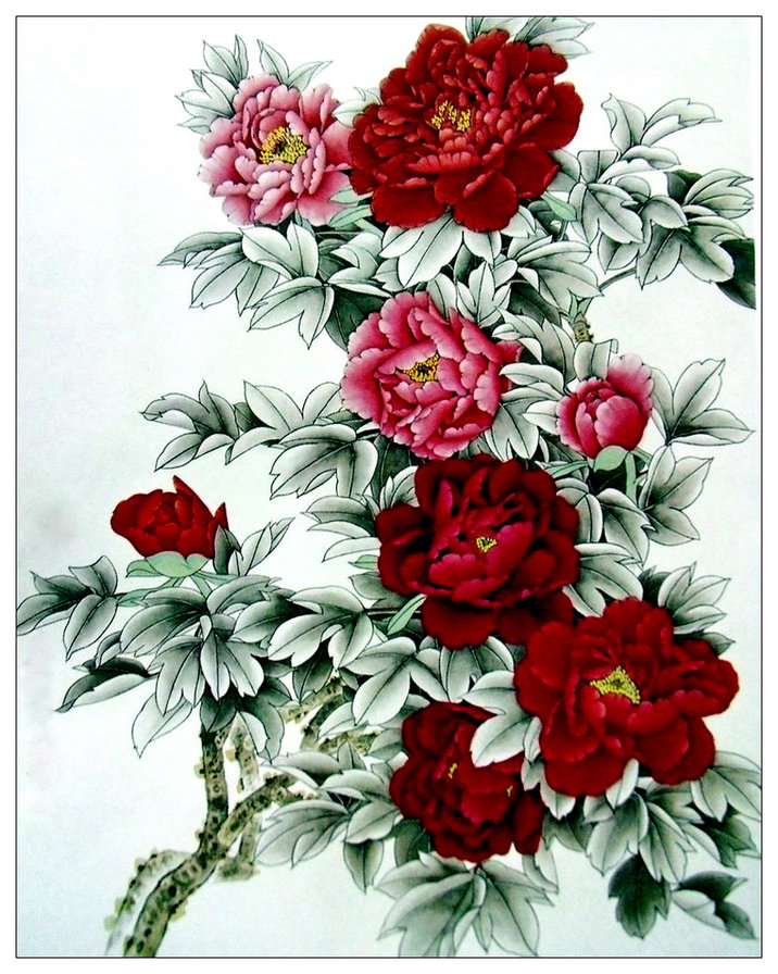 китайская живопись - цветы, пионы, восток - оригинал