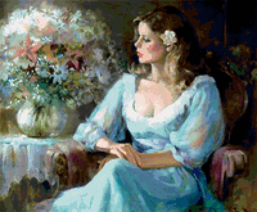 Дама в голубом - картина, девушка, женская красота - предпросмотр