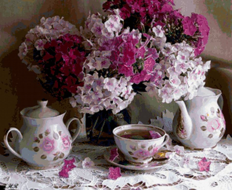 натюрморт - чай, цветы.чашки, натюрморт - предпросмотр