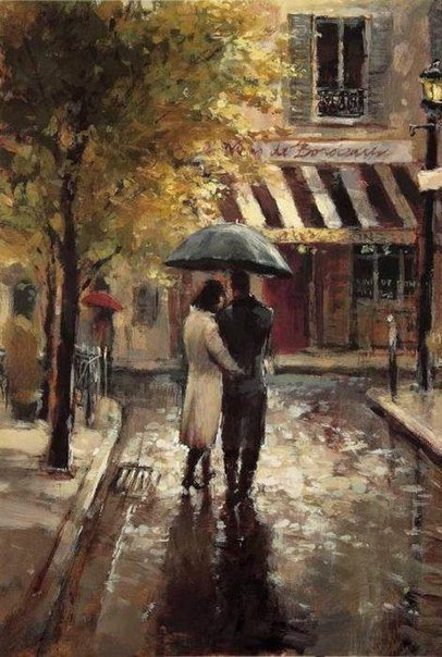 Пара под зонтом в городе - зонт, осень, город, пара, дождь, прогулка - оригинал