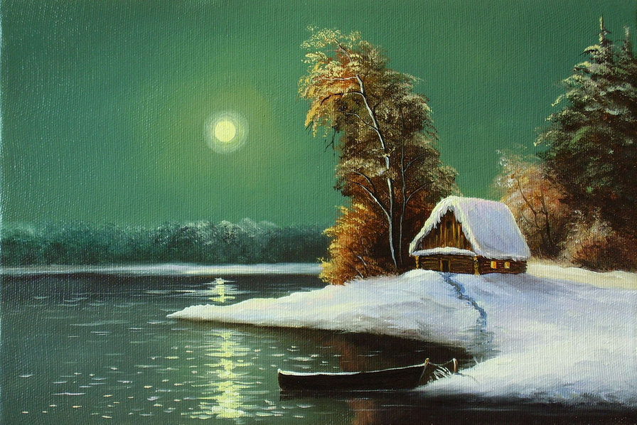 Зимний пейзаж - домик, зима, природа, река, пейзаж - оригинал