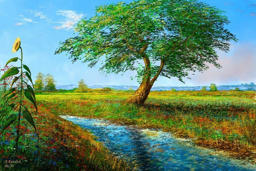 Река в поле - дерево, пейзаж, поле, река, природа - оригинал