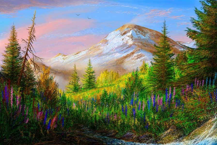 Луг в горах - природа, пейзаж, горы, луг, цветы - оригинал