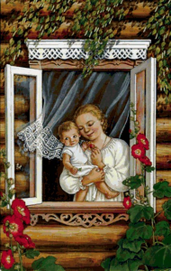 №390937 - цветы, младенец, мать, живопись, окно, портрет, ребенок - предпросмотр