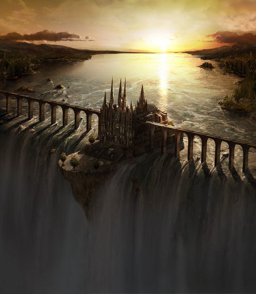 Замок на реке - река, закат, пейзаж, замок - оригинал