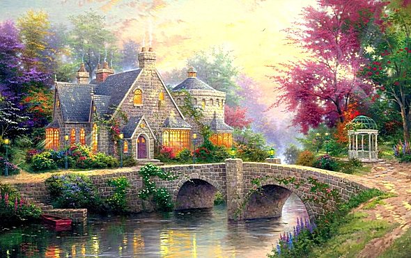 Красивый домик у речки - мост, пейзаж, речка, домик - оригинал