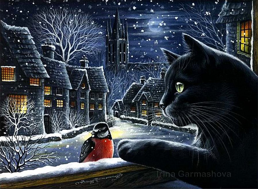 Художник Irina Garmashova - кошка, кот, зима - оригинал