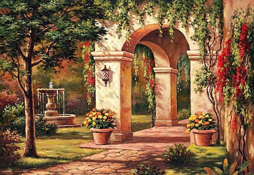 Уютный дворик - юг, двор, цветы, фонтан - оригинал