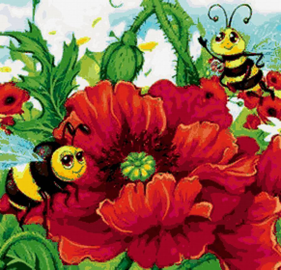 Пчелиная пара - пчелки, цветы, красный мак - предпросмотр