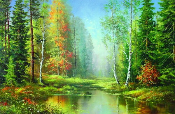 картина - пейзаж, осень, речка, природа - оригинал