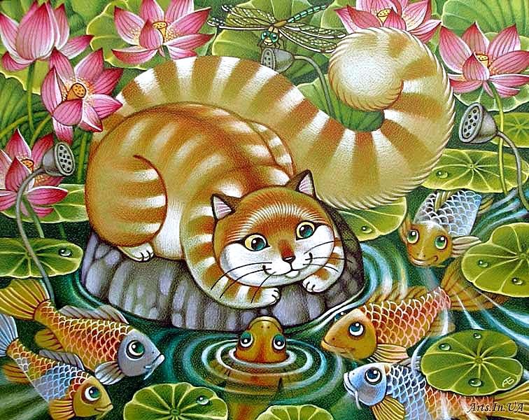 Сказка для рыбок - животные, кошки, лотосы, рыбки, пруд - оригинал