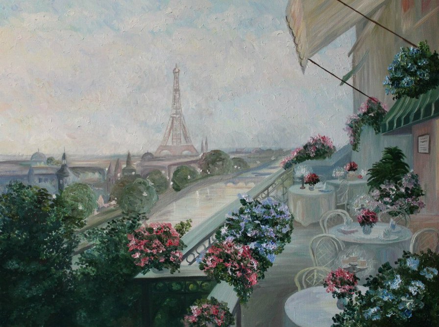 Вечер в Париже - город, пейзаж, париж, европа, улица, эйфелевая башня, кафе - оригинал