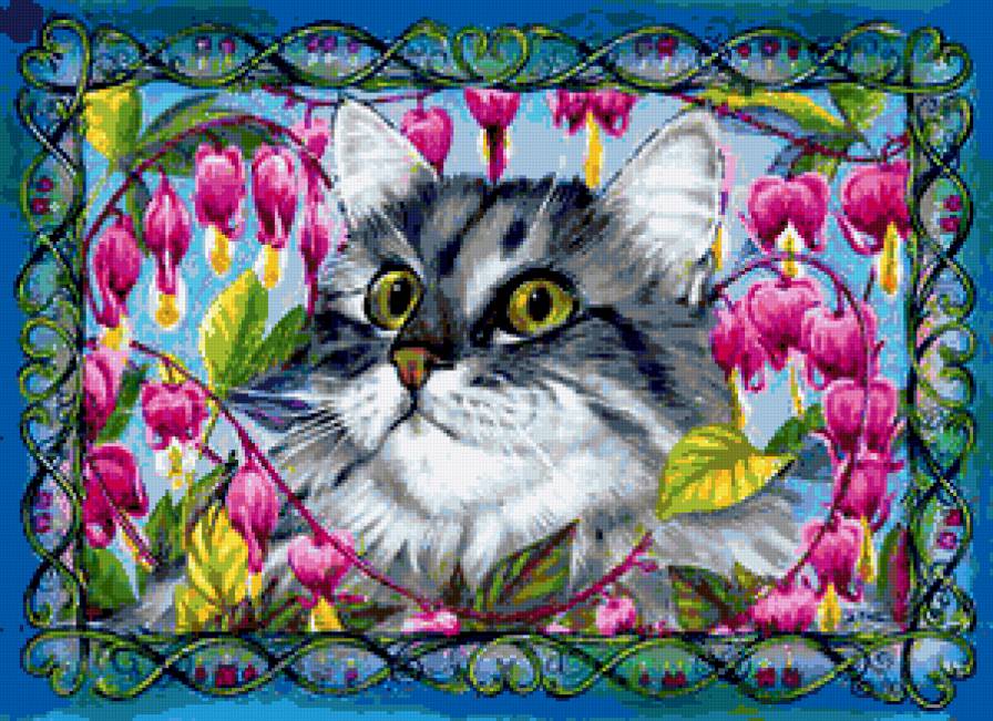 Серия "Кошки" - кошки, животные, букет, цветы, фуксия - предпросмотр