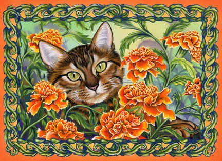 Серия "Кошки" - животные, цветы, кошки, букет, бархатцы - оригинал