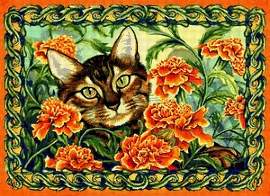 Серия "Кошки" - кошки, животные, бархатцы, цветы, букет - предпросмотр