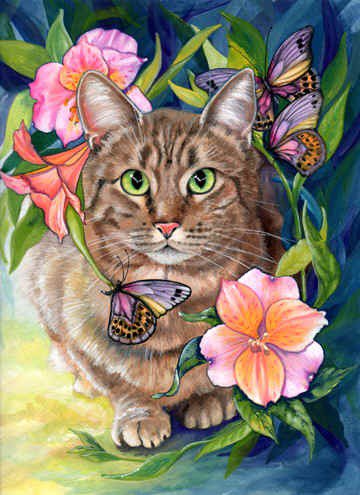 Серия "Кошки" - животные, бабочки, кошки, цветы, букет - оригинал