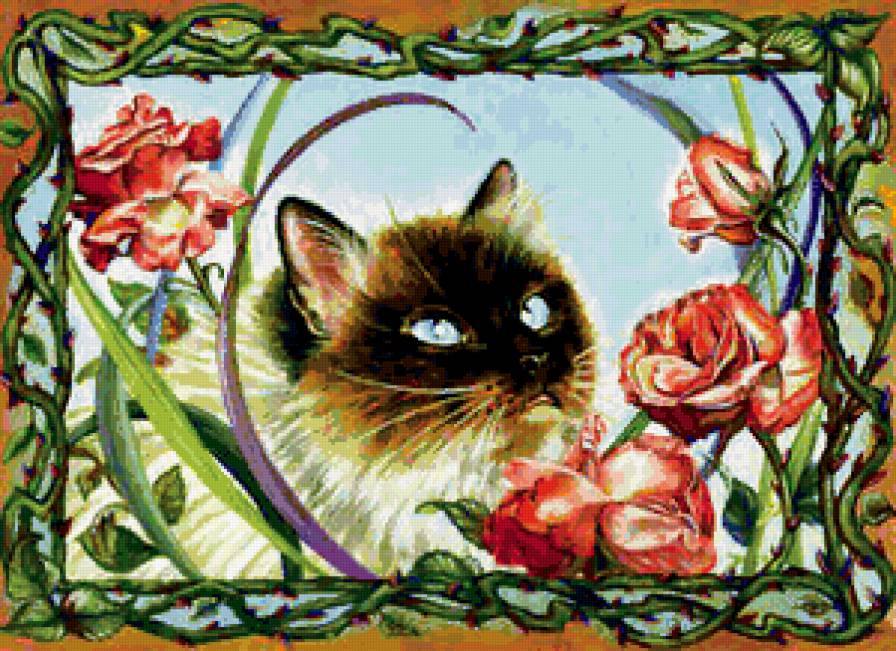 Серия "Кошки" - розы, животные, цветы, кошки, букет - предпросмотр