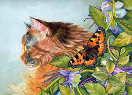 Серия "Кошки" - кошки, цветы, букет, бабочки, животные - оригинал