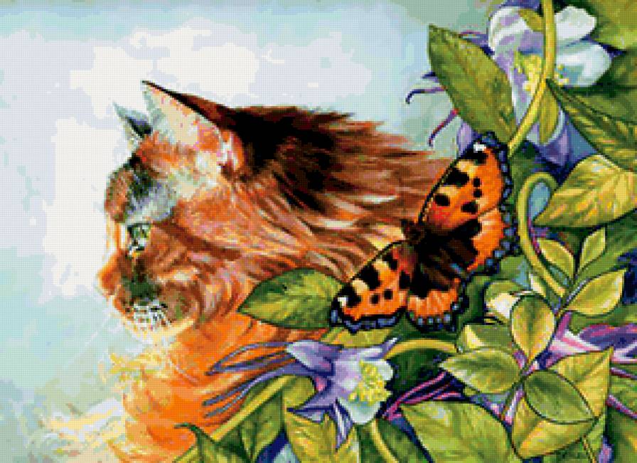 Серия "Кошки" - кошки, бабочки, букет, цветы, животные - предпросмотр