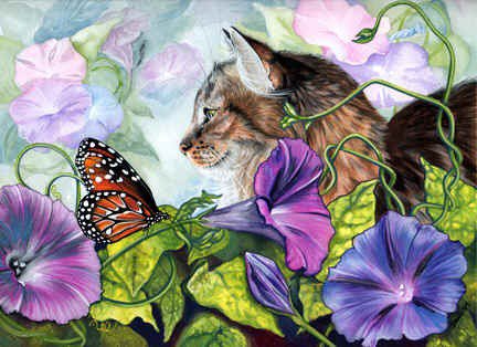 Серия "Кошки" - букет, цветы, кошки, животные, бабочки - оригинал