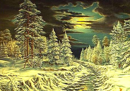 Лунный рассвет - ночь, луна, зима, елочки, пейзаж - оригинал
