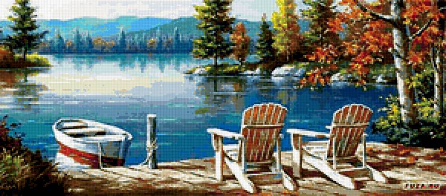 На берегу озера - озеро, лодка, пейзаж, кресла, берег - предпросмотр